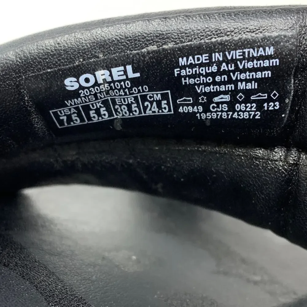 Sorel Ella II Puff Slide Sandal Womens Size 7.5 Black Leather Flat Slip On
